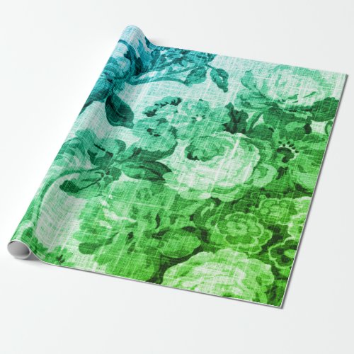 Green Aqua Blue Floral Toile Botanical Decoupage Wrapping Paper