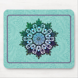 Green Aqua Blue Flower Mandala Boho Mouse Pad