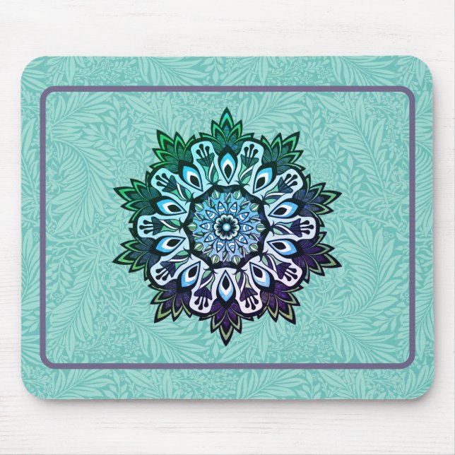 Green Aqua Blue Flower Mandala Boho Mouse Pad (Front)