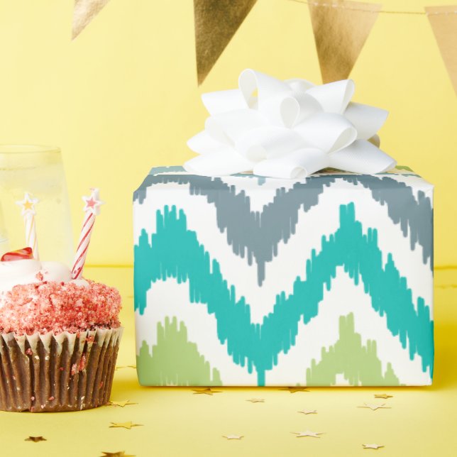 Green Aqua Gray Zigzags Ikat Pattern Wrapping Paper (Birthday Party)