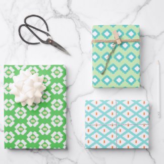 Green, Aqua & Mint Tribal Diamond Ikat Pattern Wrapping Paper Sheets