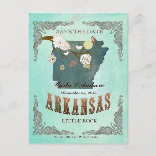 Green Aqua Save The Date _AR Map With Lovely Birds Announcement Postcard