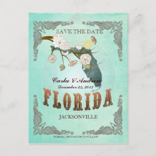 Green Aqua Save The Date -FL Map With Lovely Birds Announcement Postcard