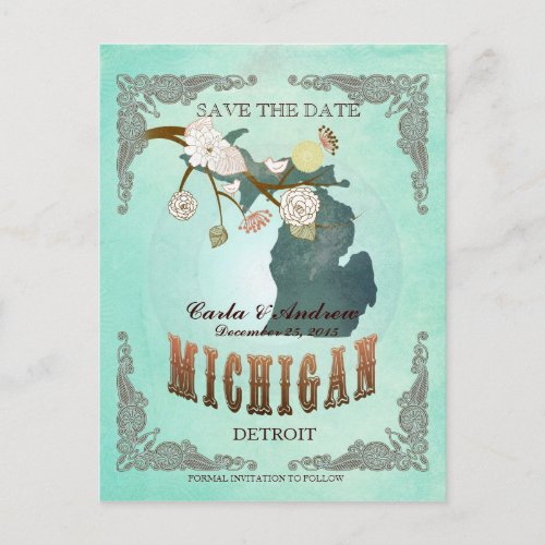 Green Aqua Save The Date _MI Map With Lovely Birds Announcement Postcard