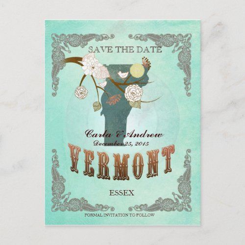 Green Aqua Save The Date _VT Map With Lovely Birds Announcement Postcard