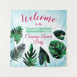 Green, Aquamarine Tropical Leaves Tapestry