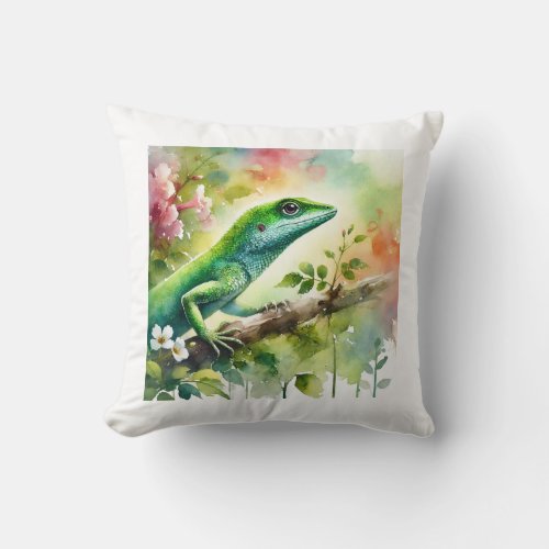 Green Arboreal Anole 200624AREF222 _ Watercolor Throw Pillow