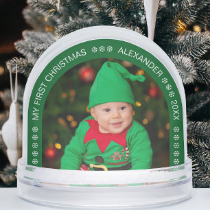 Green Arch First Christmas Baby Photo Snowflakes Snow Globe