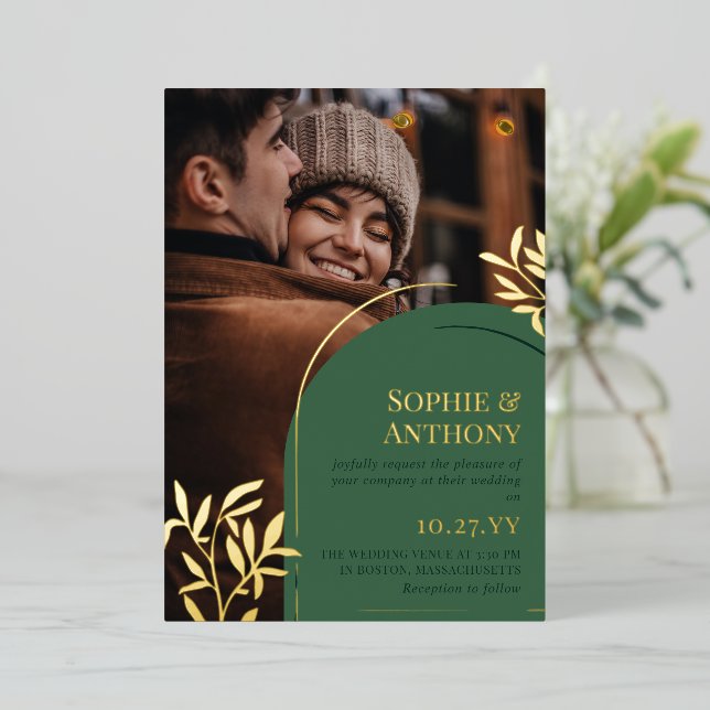 Green Arch Golden Greenery Photo Fall Wedding Foil Invitation (Standing Front)