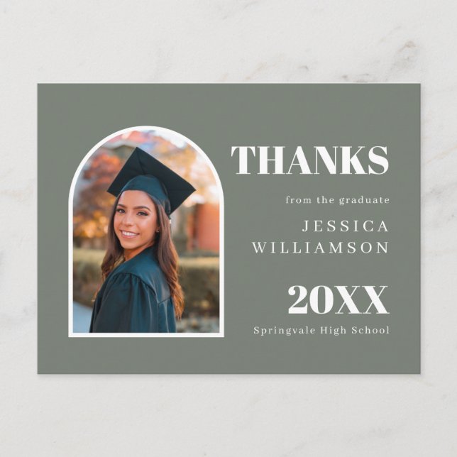 Green Arch Modern Photo Graduation Thank You  Postcard (Front)