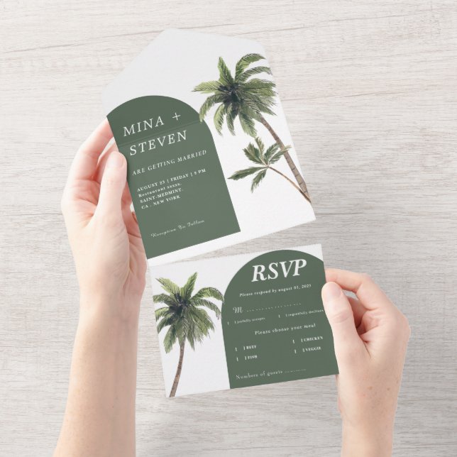 Green arch palm tree wedding  all in one invitation (Tearaway)