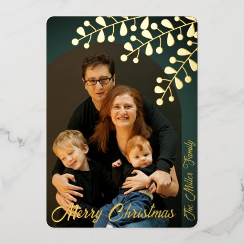 Green Arched Photo Holiday Card with Gold Leaves