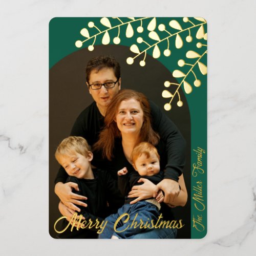 Green Arched Photo Holiday Card with Gold Leaves