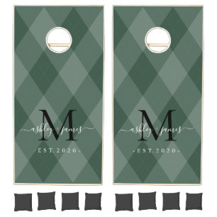 Green Argyle Black Monogram Newlywed Cornhole Set