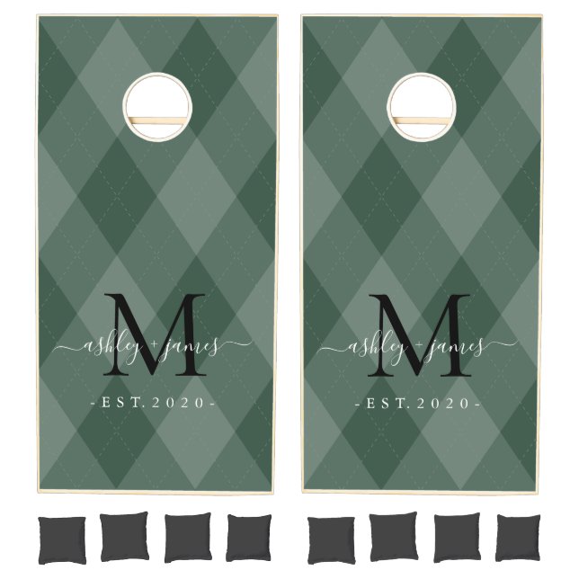 Green Argyle Black Monogram Newlywed Cornhole Set (Set)