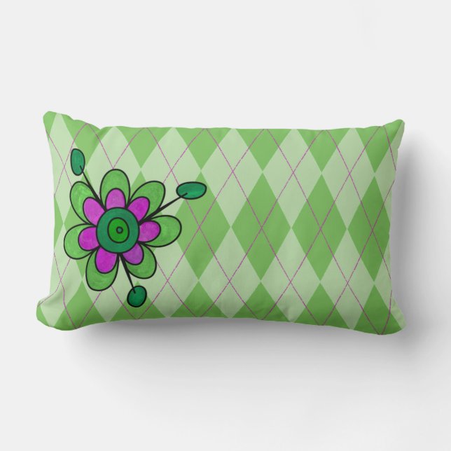 Green Argyle & Flower Lumbar Pillow (Front)