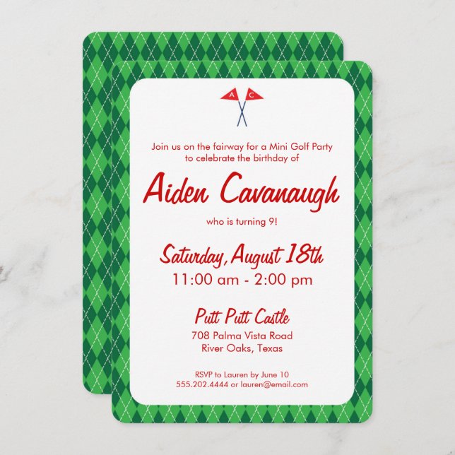 Green Argyle Mini Golf Kids Birthday Invitations (Front/Back)