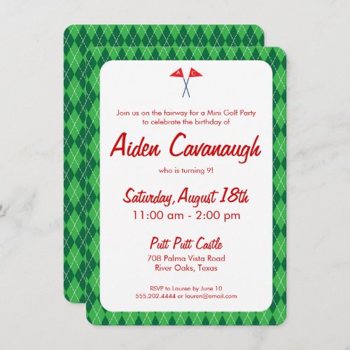 Green Argyle Mini Golf Kids Birthday Invitations