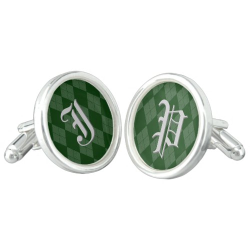 Green Argyle Monogram Inital Personalized Letter Cufflinks