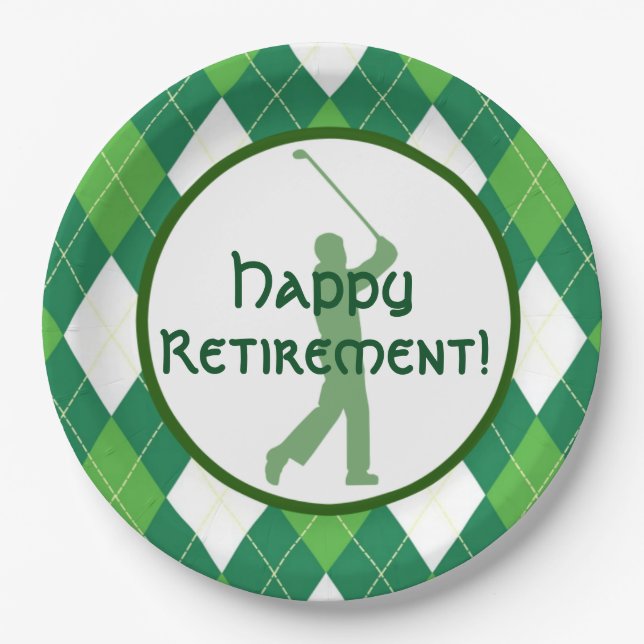 Green Argyle Pattern and Golf Party Paper Plates (Front)