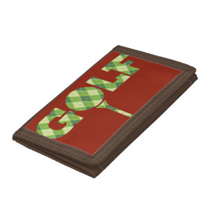 Green argyle patterned plaid text golf tri-fold wallet
