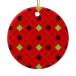 Green Argyle Paw Prints Ceramic Ornament