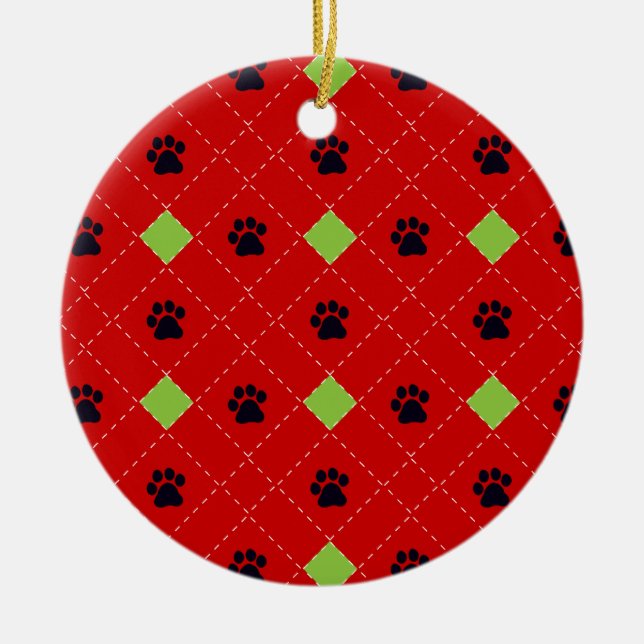 Green Argyle Paw Prints Ceramic Ornament (Front)