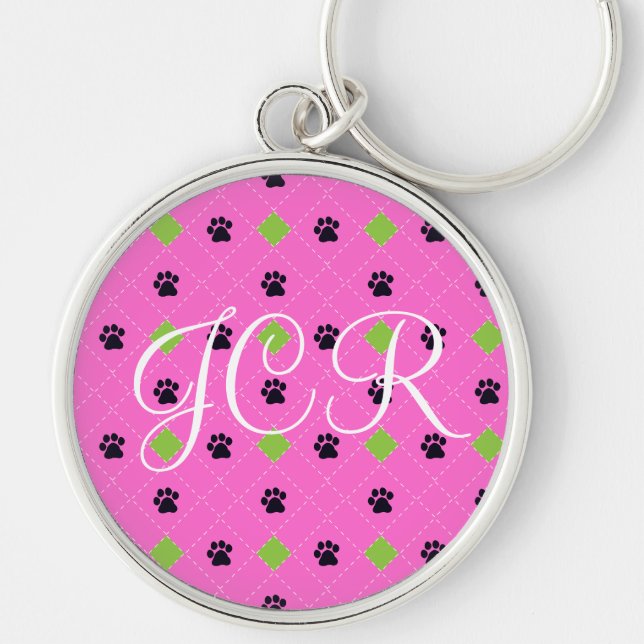 Green Argyle Paw Prints Keychain (Front)