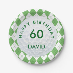 Green Argyle Plaid Golf 60th Birthday Paper Plates