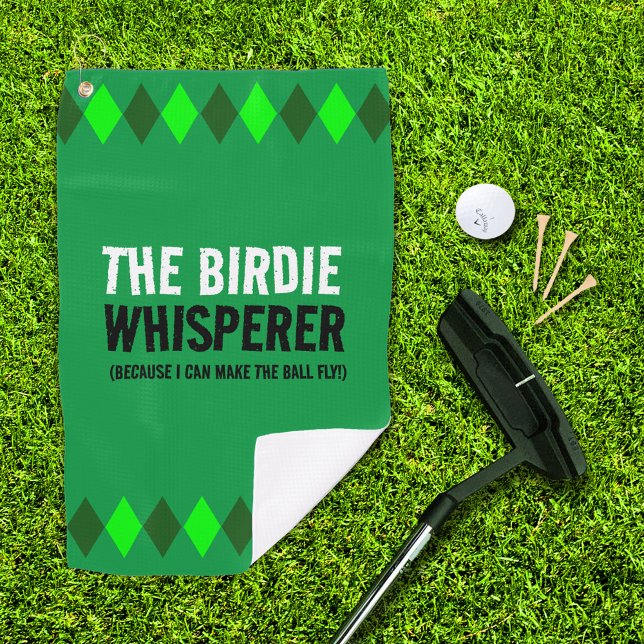 Green Argyle The Birdie Whisperer Golf Towel (The Birdie Whisperer green argyle golf towel with putter, ball, and 3 tees on golf green)