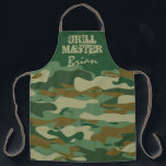 Green army camo camouflage grill master big BBQ Apron<br><div class="desc">Green brown army camo camouflage grill master BBQ apron for men. Big custom cooking and baking aprons for women and men. Personalized with your name or funny quote. Spotted print design with bold typography template. Create your own one of a kind Birthday party gift for dad, father, brother, husband, friend,...</div>