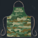 Green army camo camouflage grill master big BBQ Apron<br><div class="desc">Green brown army camo camouflage grill master BBQ apron for men. Big custom cooking and baking aprons for women and men. Personalized with your name or funny quote. Spotted print design with bold typography template. Create your own one of a kind Birthday party gift for dad, father, brother, husband, friend,...</div>