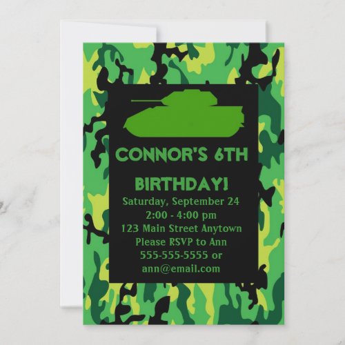 Green Army Camouflage Birthday Party Invitations