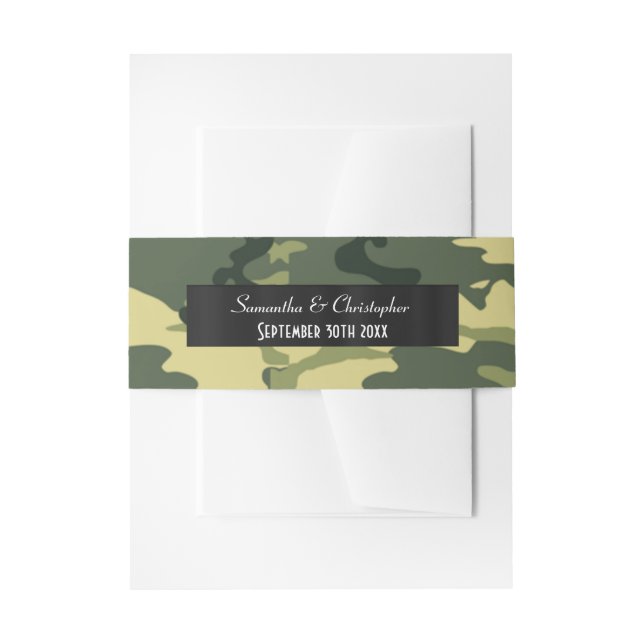 Green army camouflage wedding invitation belly band (Front Example)