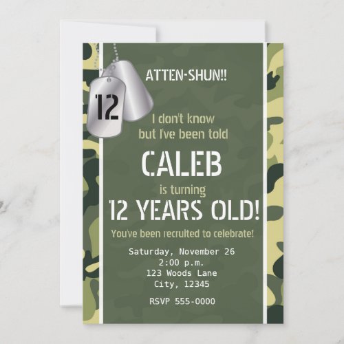Green Army Dog Tags Camouflage Party Invitations