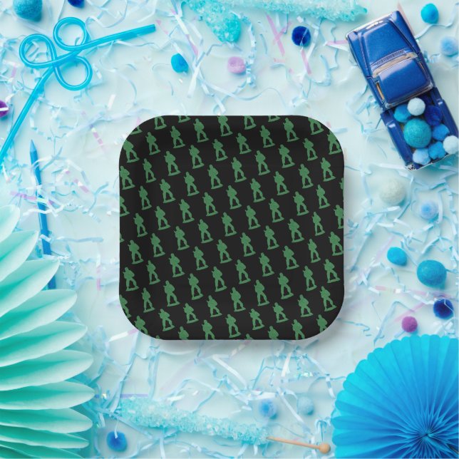 Green Army Men on Black  Paper Plates (Party)