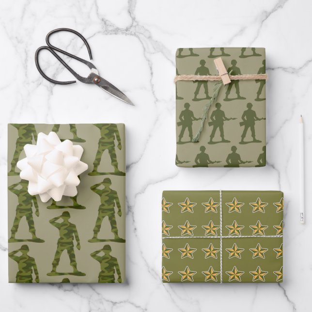 Green Army Men Trio Wrapping Paper Sheets (Front)