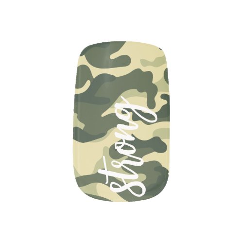 Green Army pattern with white custom word Nail Art