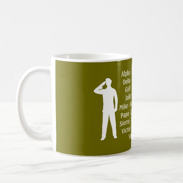 Green Army Recruit Military Phonetic Alphabet Coffee Mug (Left)