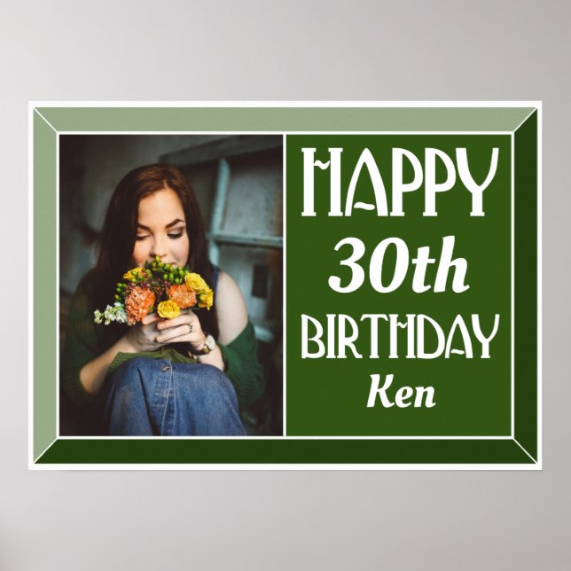 Green Art Deco 30th Birthday Photo Poster (Front)