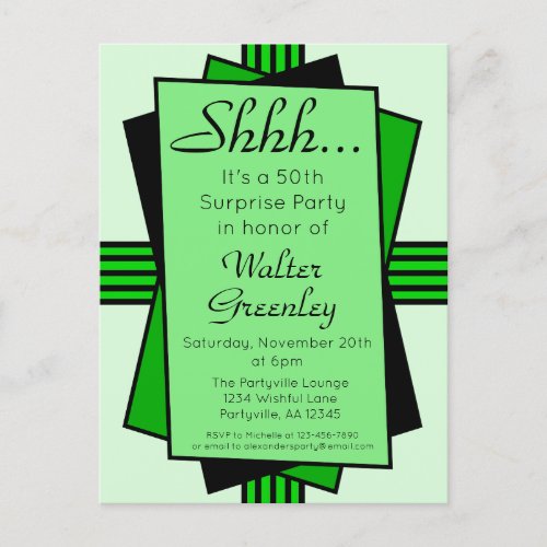 Green Art Deco 50th Surprise Party Birthday Invitation Postcard