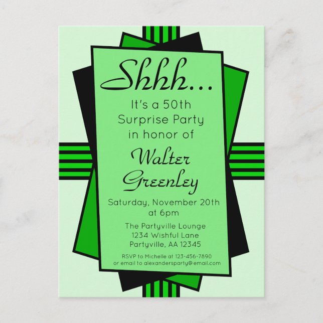 Green Art Deco 50th Surprise Party Birthday Invitation Postcard (Front)