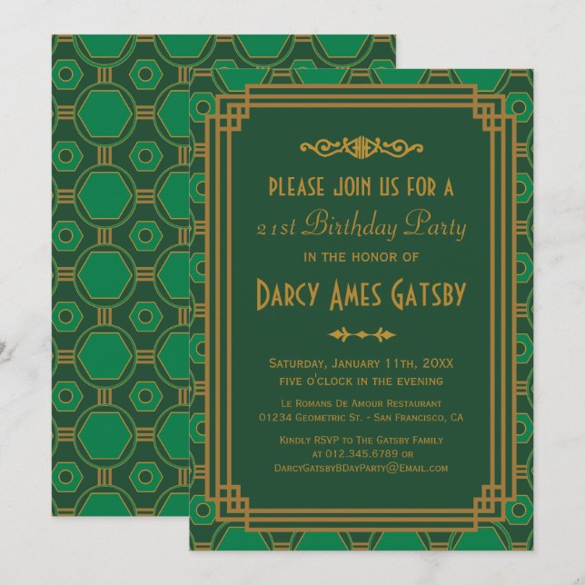 Green Art Deco Birthday Party Invitations (Front/Back)
