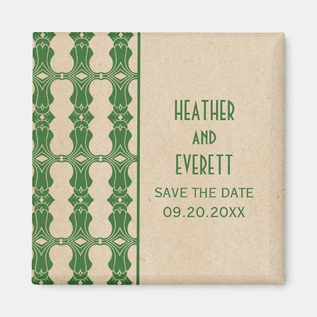 Green Art Deco Border Save the Date Magnet (Front)
