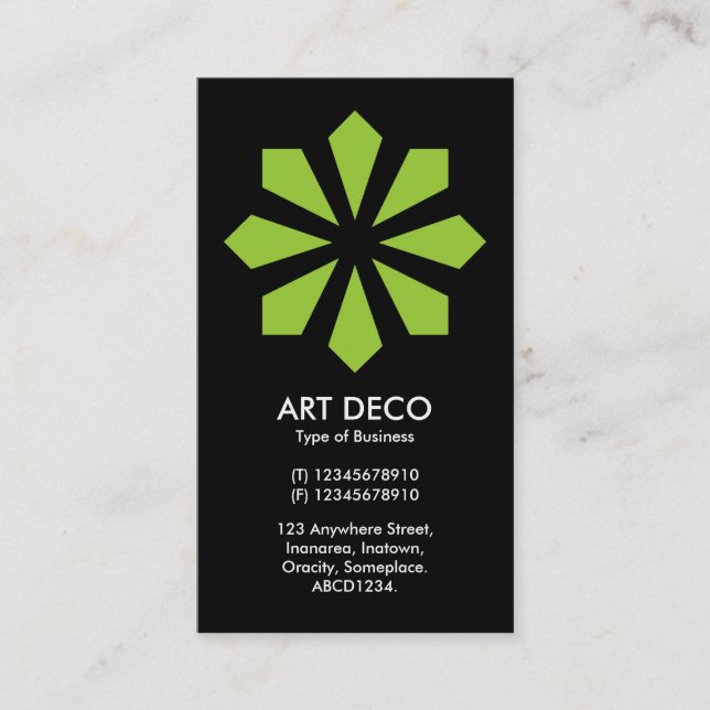 Green Art Deco Flower Star - Black Business Card (Front)