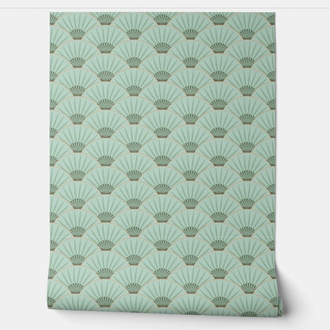 Green art deco palm fan wallpaper  (Unrolling)
