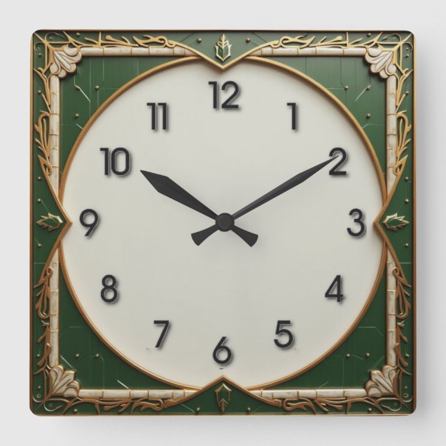 Green Art Deco Square Wall Clock (Front)