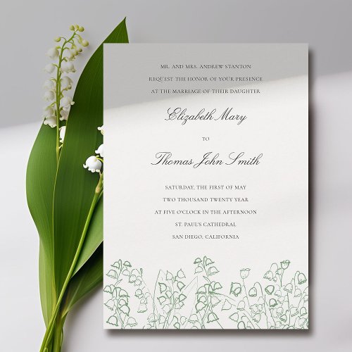 Green Art Floral Sketch Lily Valley Formal Wedding Invitation
