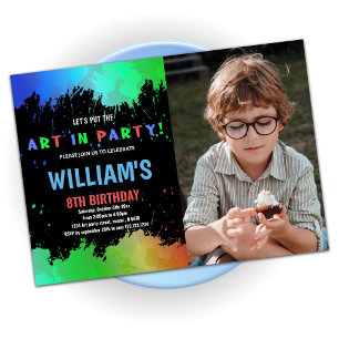 Green Art in Party Paint Birthday with photo Invitation