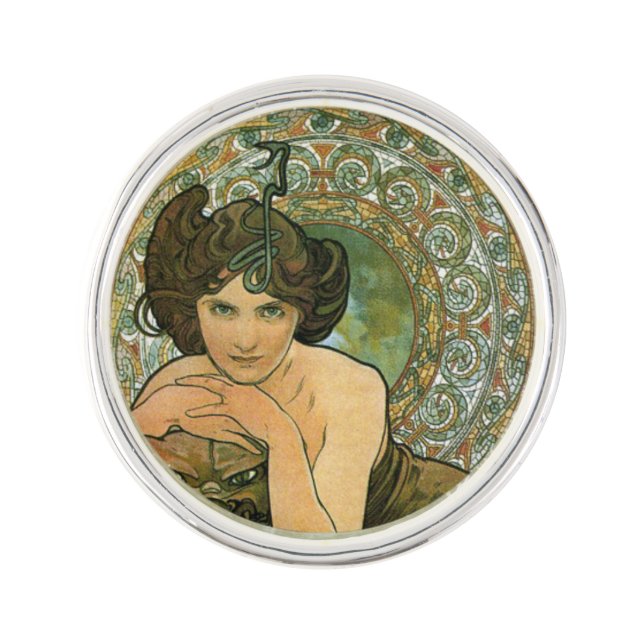 Green Art Nouveau Alphonse Mucha Emerald Temptress Lapel Pin (Front)